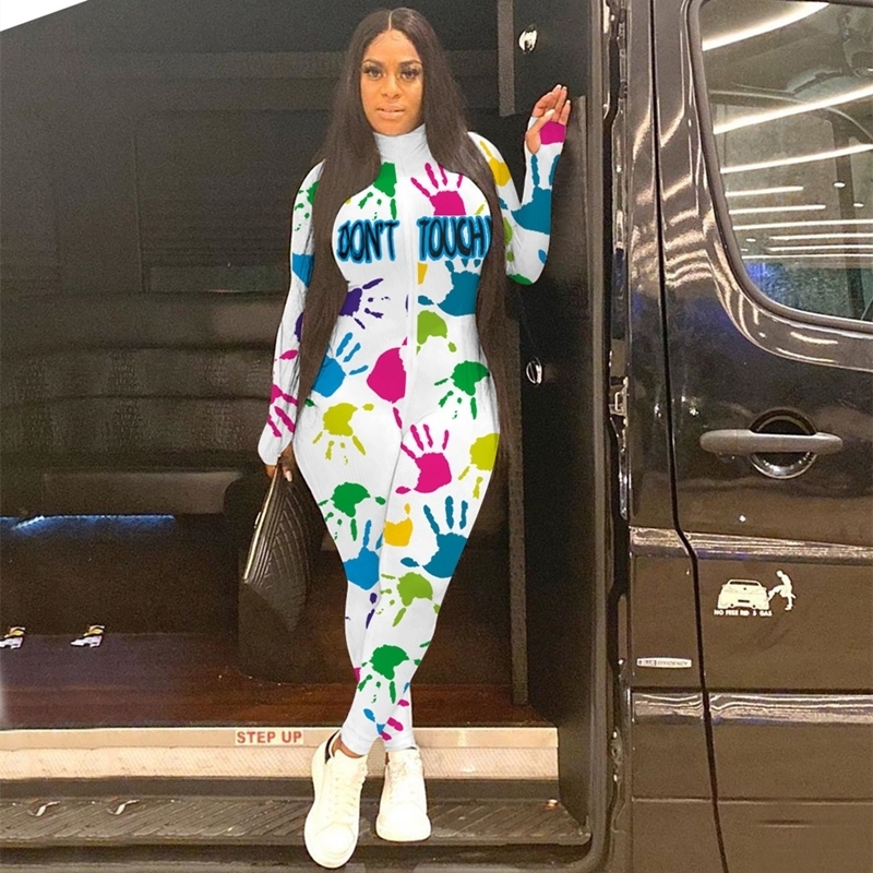 ANJAMANOR Fall Winter Ribbed Print Zipper Long Sleeve Bodycon Jumpsuit Sporty Activewear One Piece Outfit Women D27-DD46 201007