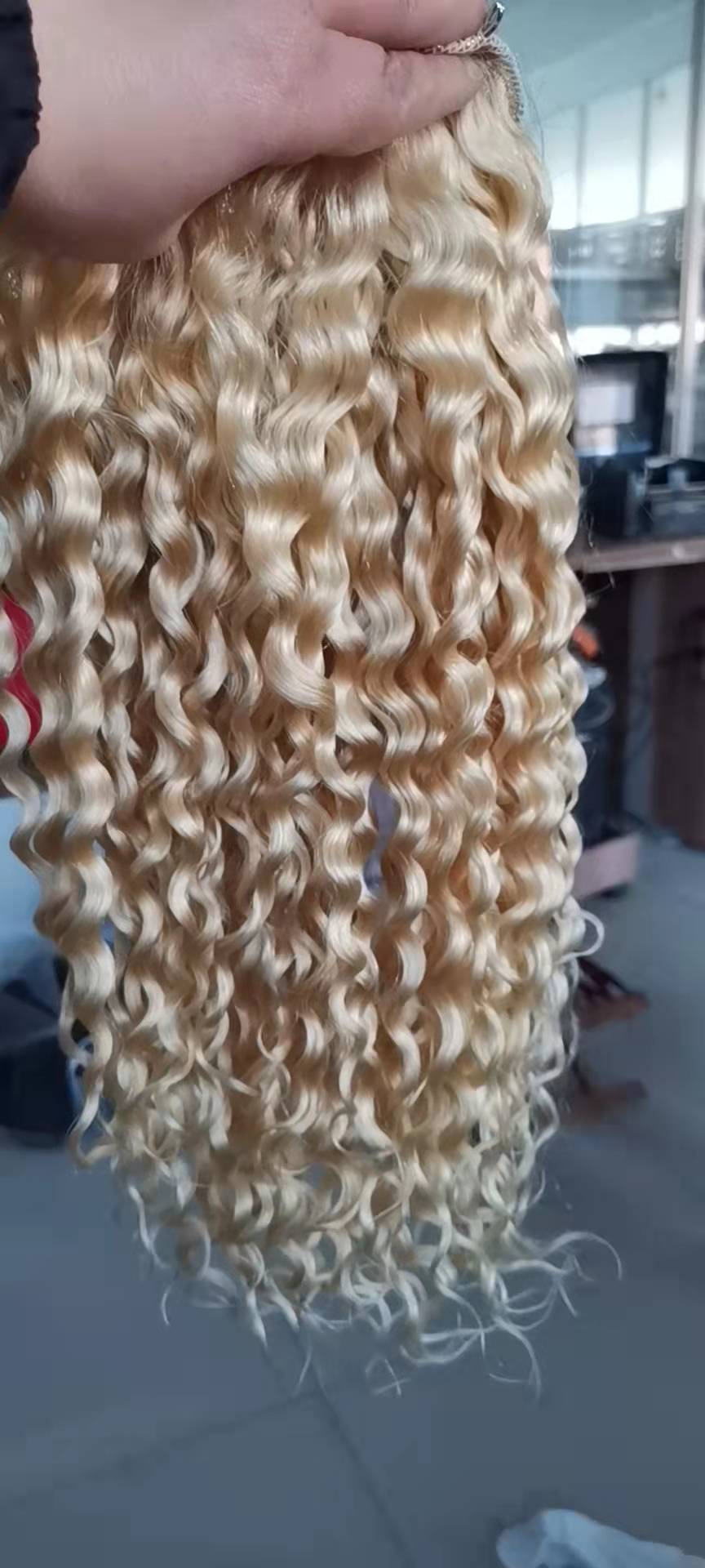 Fashion European ponytail cuticle aligned raw human Deep wave curly white 613 blonde draw string pony tail hair peace 140g 14inch
