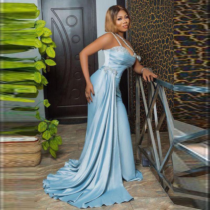 Baby Blue Satin Mermaid Prom Dress For Black Girls Sexy One Shoulder Plus Size African Evening Gowns With Train Beaded Crystal Aso Ebi Formal Party Dr