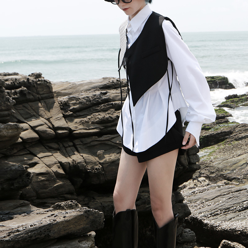 EAM Women Black Plaid Split Asymmetrical Loose Fit Vest Vcollar Sleeveless Fashion Spring Autumn 1H073 201031