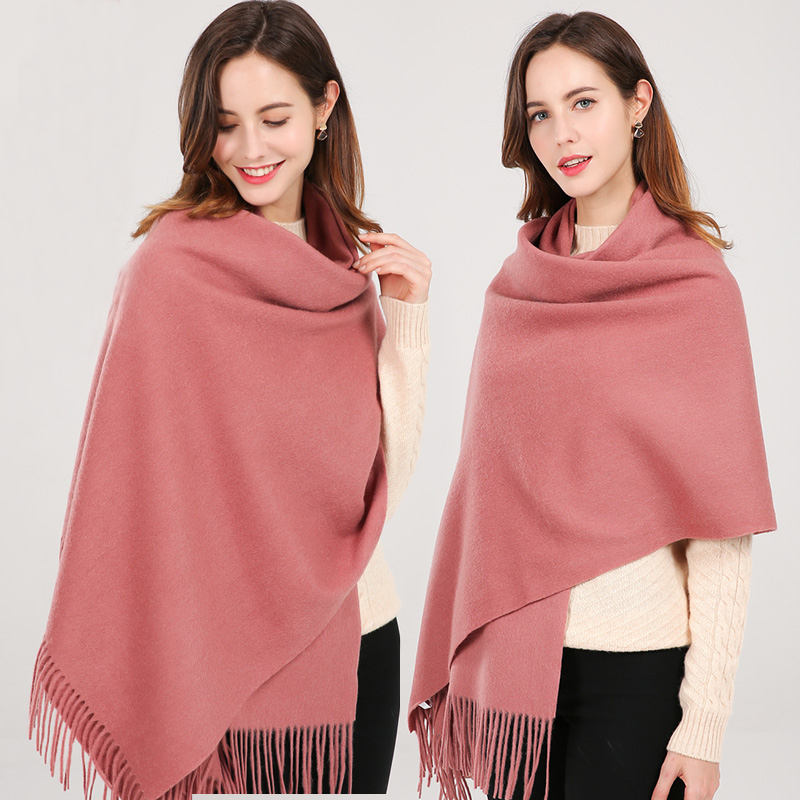 Women 100% Real Wool Shawl Red Scarf Winter Echarpe Large Pashmina Wraps Tassel Cashmere Foulard Solid Pure Wool Scarves Capes 201214