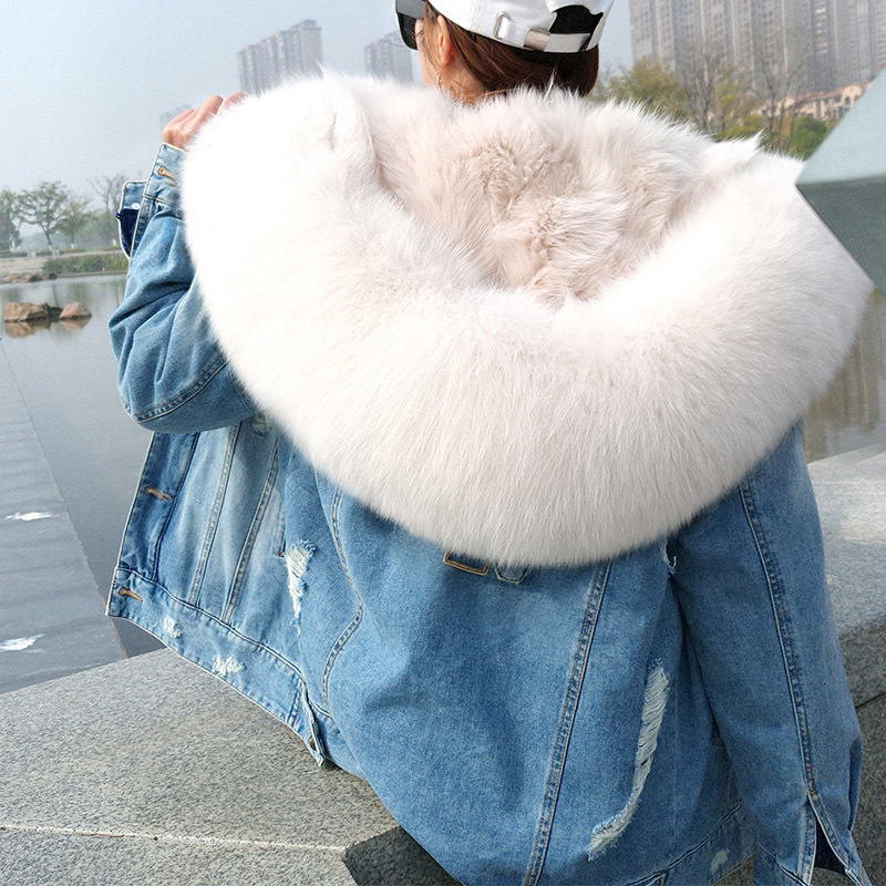 women's fur jacket denim jacket natural fox fur lining jacket ladies women winter warm cotton coat 201112