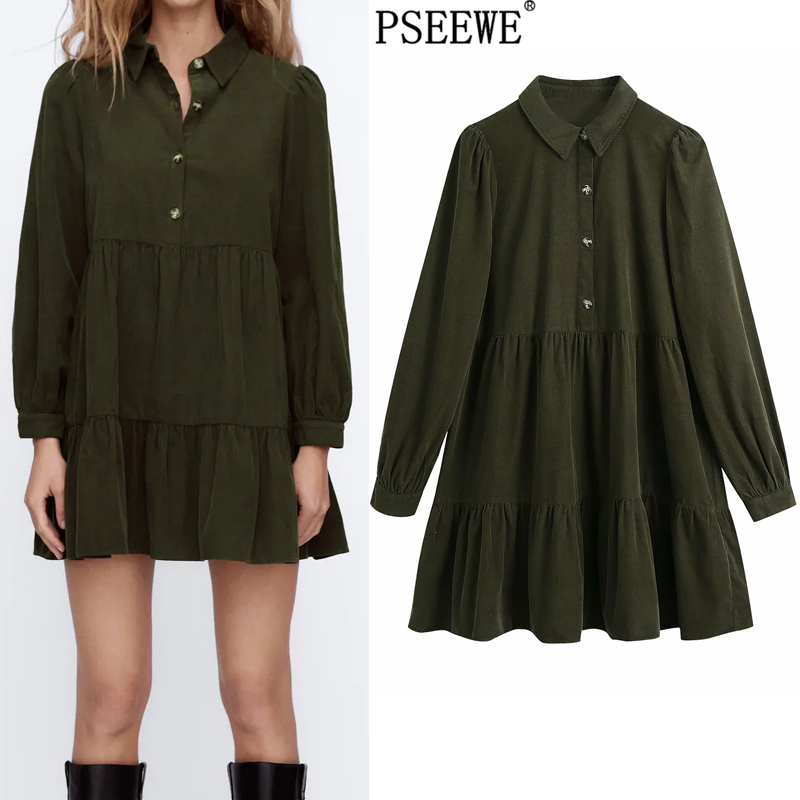 New Women 2021 Corduroy Ruffle Mini Dress Woman Button Up Ruched Winter Puff Long Sleeve Loose Casual Short Dresses W50k, Army green
New Women 2021 Corduroy Ruffle Mini Dress Woman Button Up Ruched Winter Puff Long Sleeve Loose Casual Short Dresses W50k, Army green