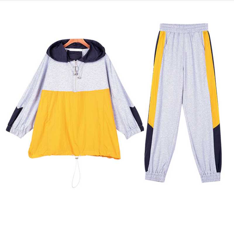 Women' yellow and grey color contrast leisure sports fitness suit cuff elastic rope binding feet outdoor running windproof suit
Women' yellow and grey color contrast leisure sports fitness suit cuff elastic rope binding feet outdoor running windproof suit