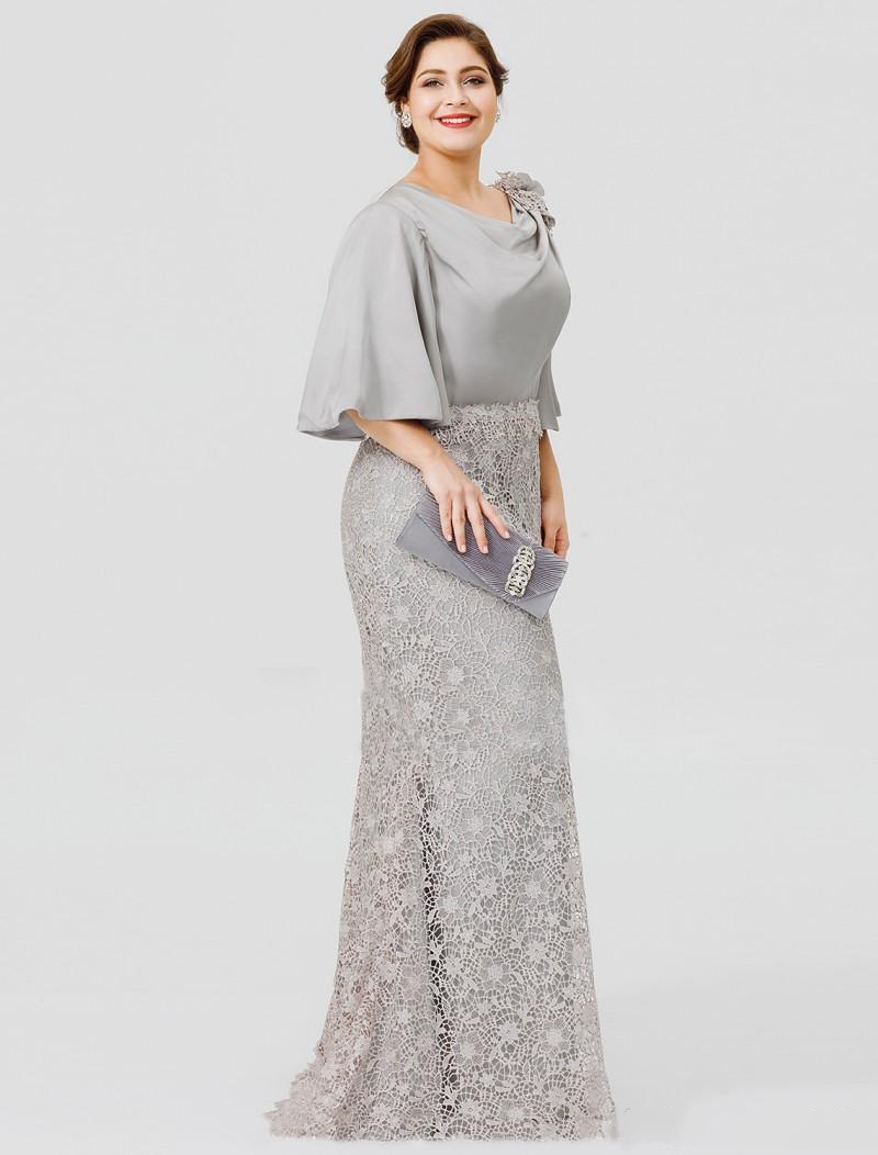 Elegant Silver Silk Satin Lace Mother's Dresses Plus Size Mother Of The Bride Dresses Flare Sleeve Long Mermaid Wedding Guest Gowns Evening Party