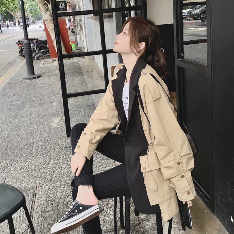 [EWQ] New Autumn Full Sleeve Notched Pocket Drawstring Wild Coat Fashion Women Jackets Safari Style Loose Patchwork LJ201128