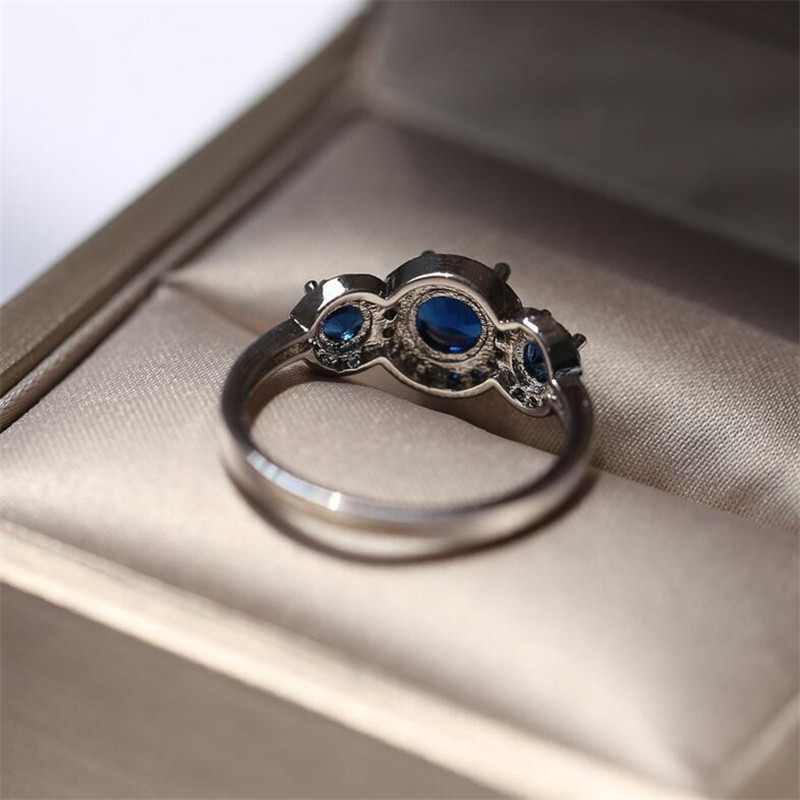 Sterg Sier Three Stone Blue Sapphire CZ Dia Wedding Engagement Ring for Women