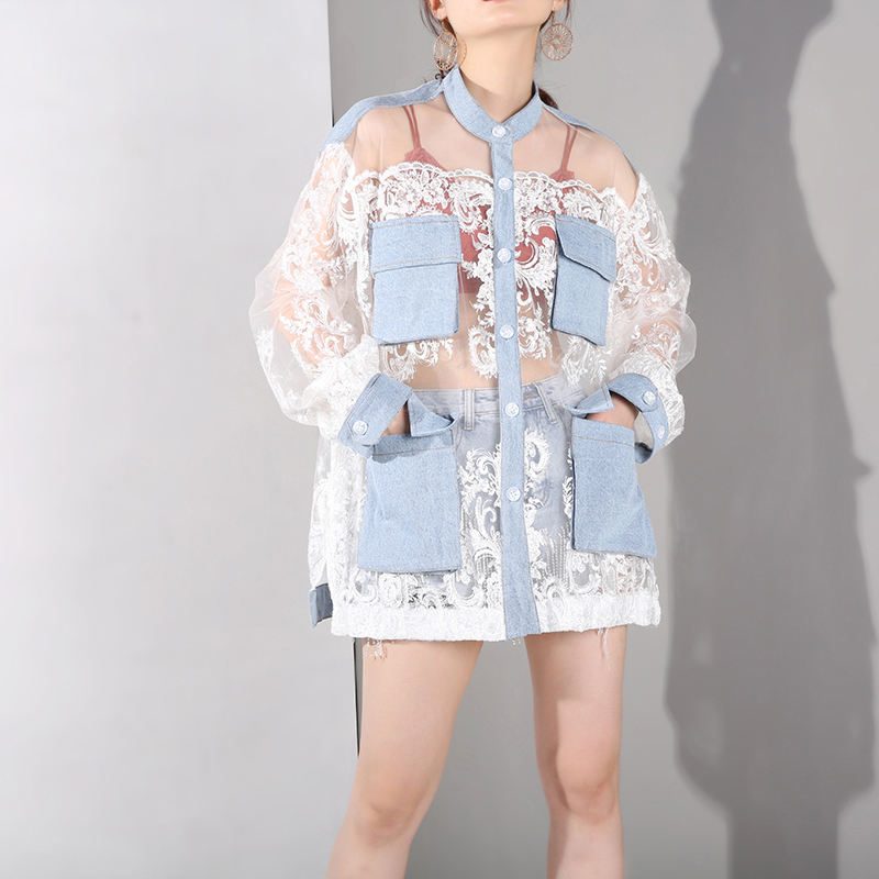 EAM Loose Fit Blue Perspective Denim Big Pocket Jacket Lapel Long Sleeve Women Coat Fashion Spring Autumn JU301 201017