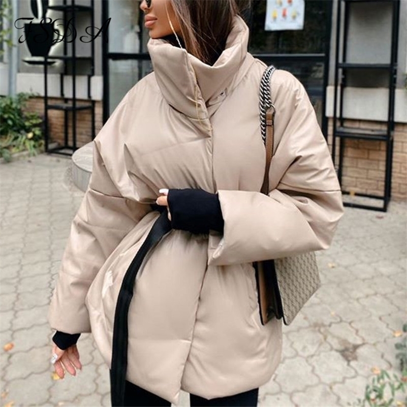 FSDA Autumn Winter Women Coat Jacket Parkas Warm With Belt Casual Loose Pocket Bubble Khaki Sashes Short Jackets Thick Y201001