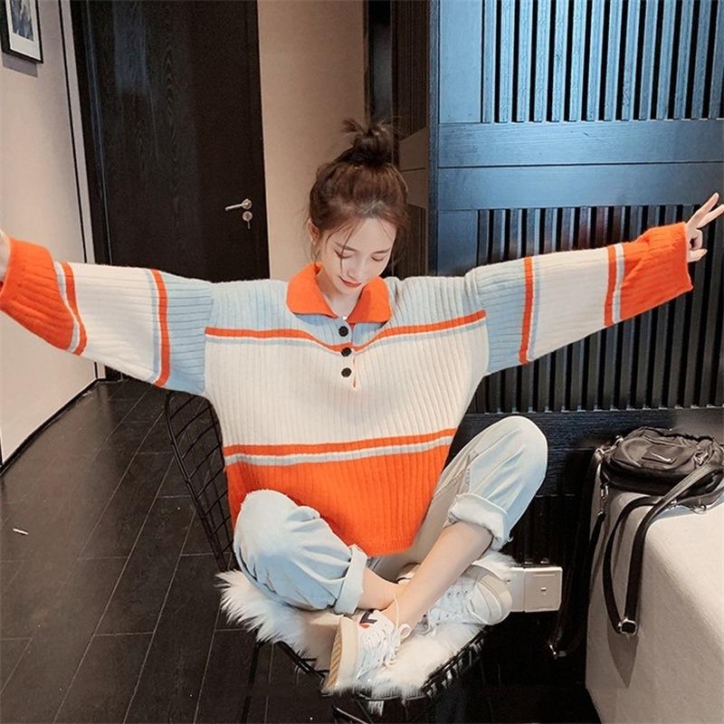 Contrasting Color Sweater Women Loose Outer Wear Student 2021 New Autumn Winter Pullover Korean Style Lazy Wind Sweater Fashion, Orange 
Contrasting Color Sweater Women Loose Outer Wear Student 2021 New Autumn Winter Pullover Korean Style Lazy Wind Sweater Fashion, Orange