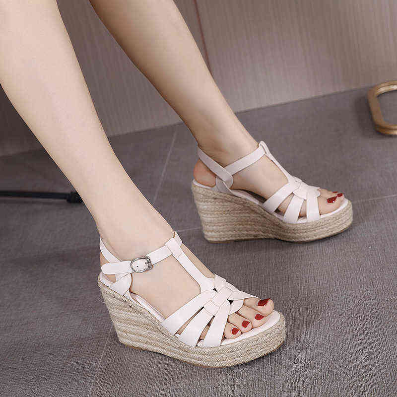 Sandals Slippers Fashion Weave Roman Style Wedge Heels Casual Black White Buckle Pumps Women Shoes Summer 220226