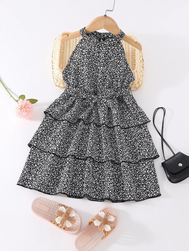 Toddler Girls Ditsy Floral Halter Neck Contrast Piping Layered Hem Dress SHE