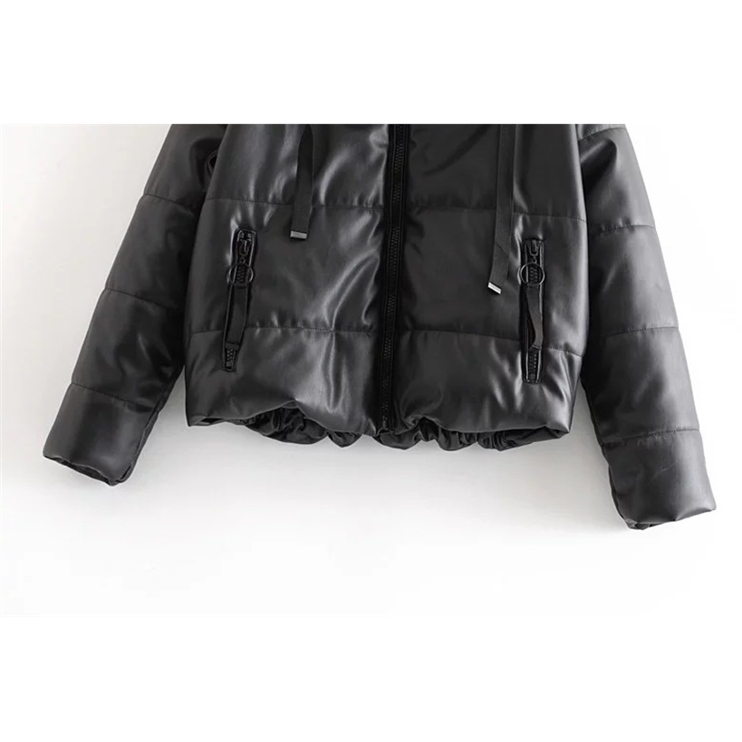 Faux Leather Winter Hooded Jacket Women Cotton-padded Parkas Zipper Thicker Warm Bread Coat European Clothing 201210