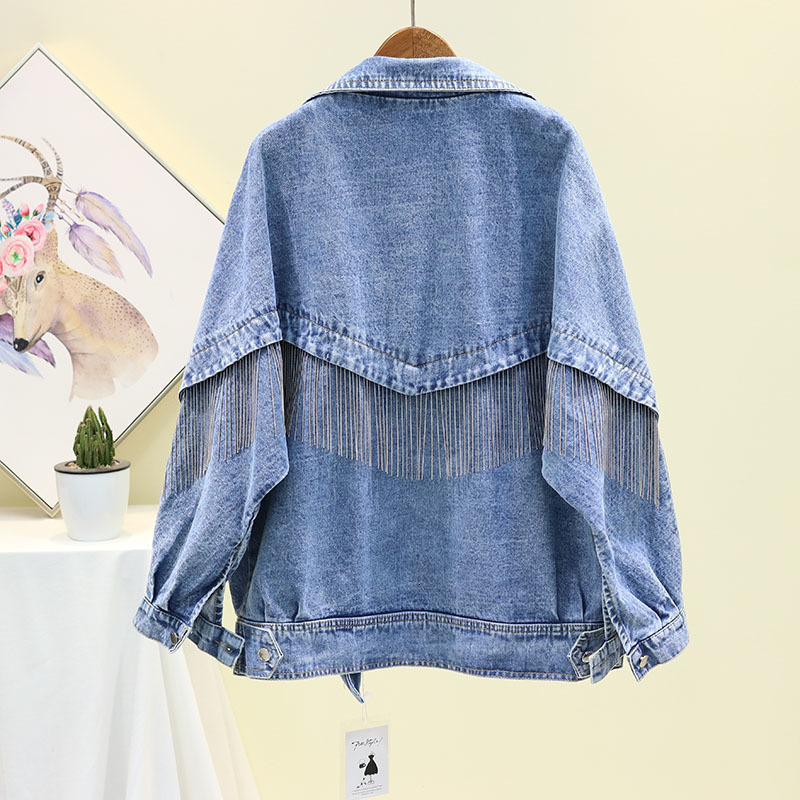 [EWQ] Vintage Full Sleeve Chain Tassel Loose Women Denim Jacket Fashion Leisure Trend Coat Feminino Korea Autumn New QL145 201017
