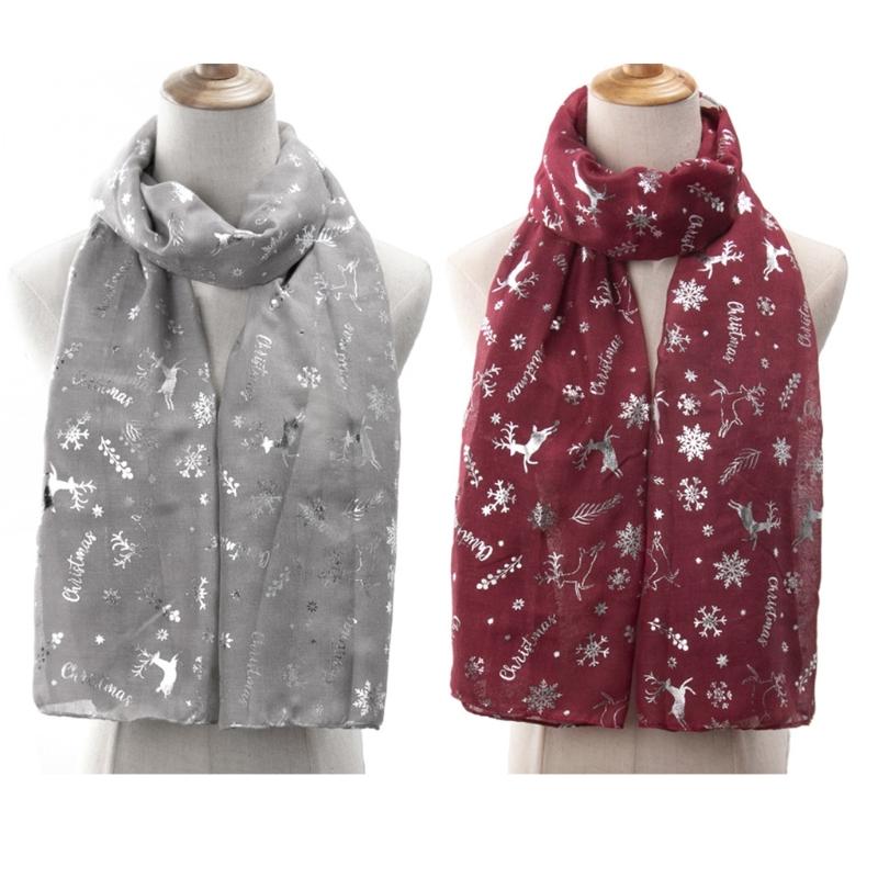 

Women Christmas Polyester Long Scarf Silver Glitter Shimmer Foil Reindeer Snowflake Print Shawl Wrap Holiday Neck Warmer