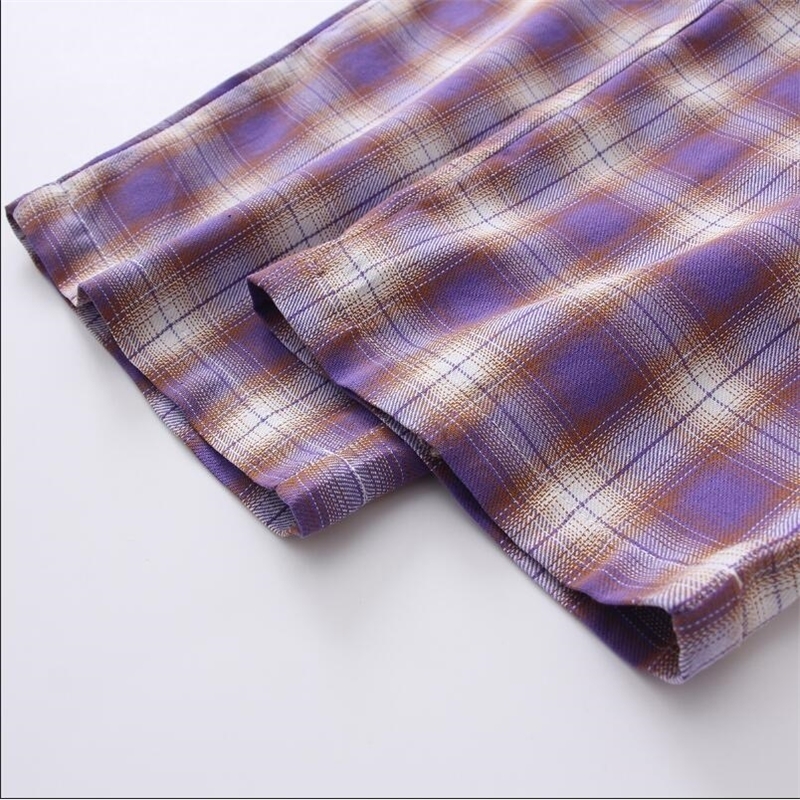 Harajuku Plaid pants students Korean loose retro soft sister purple cartoon dog elastic waist wide leg nine pants 201031