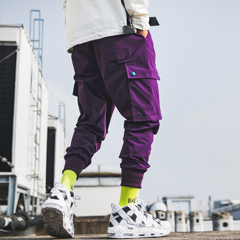 Autumn Multi Pockets Cargo Pants Men Drawstring Waist Purple Joggers Trousers Black Streetwear Sweat Pants LJ201217
