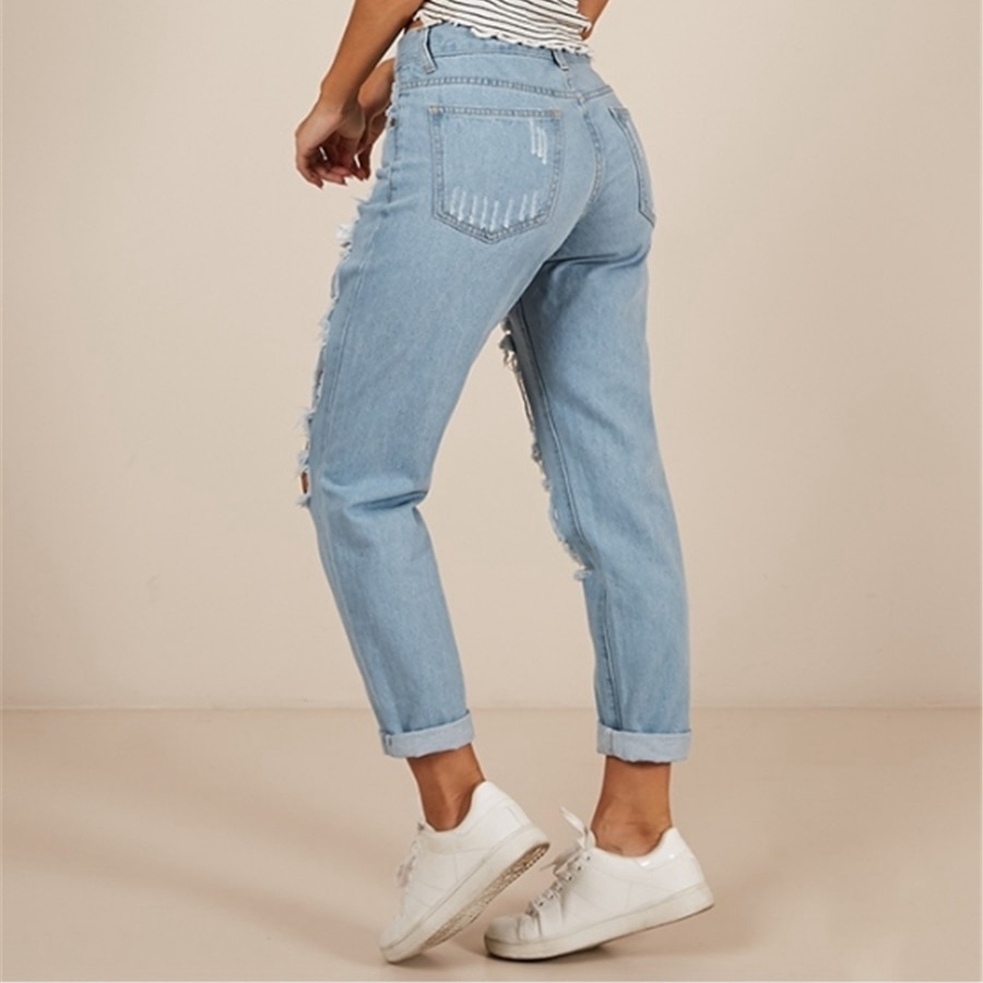 WITHZZ Women's Fashion Hole Ripped Denim Scratched Straight Pants Female Trousers Jeans 201105