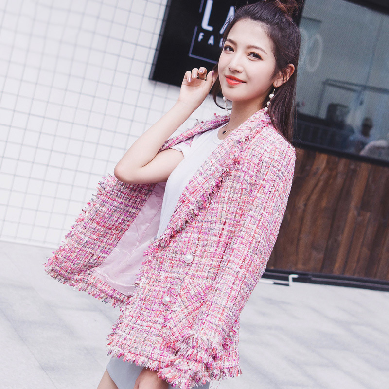 Pink tweed jacket beads Coat in the long section autumnwinter womens coat pull suit ladies ladies socialite coat 201023