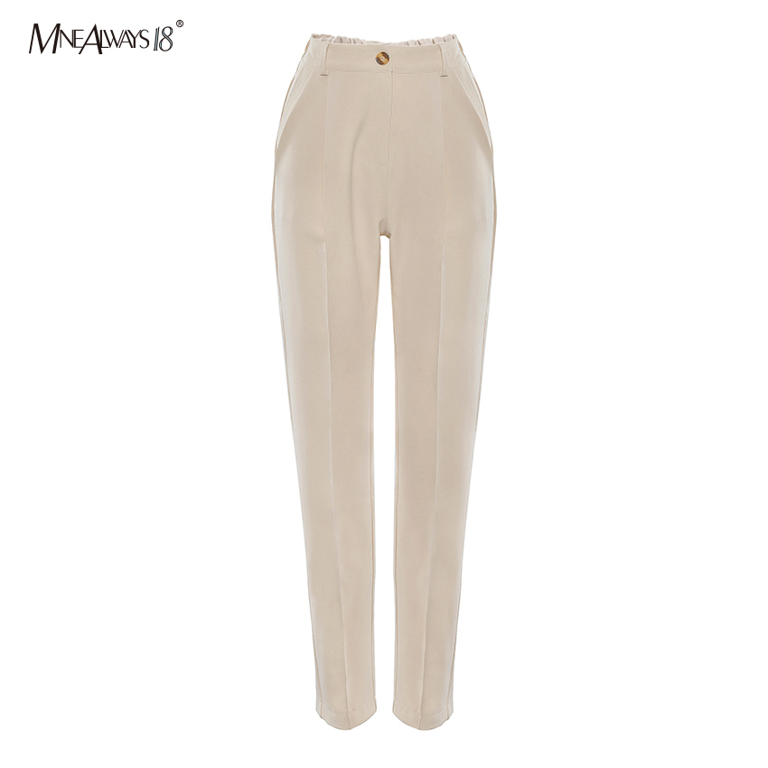 Mnealways18 Khaki Casual High Waist Pants Brown Office Wear Solid Women Pants Elastic Waist Trousers Ladies Zipper Fashion 201106