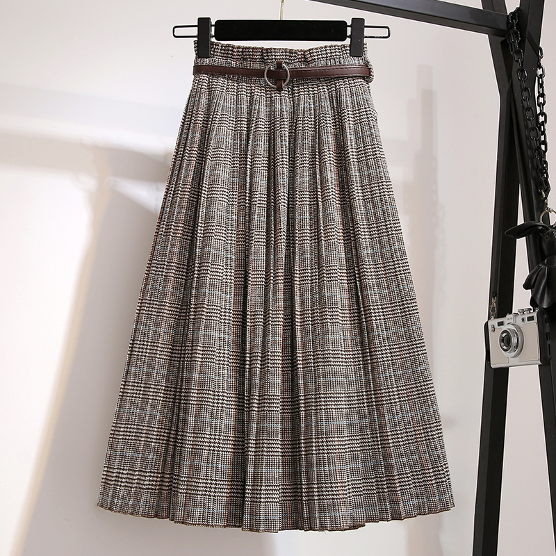Plus Size 3XL Spring Autumn Women Wool Skirts Plaid Mid Skirts Casual Loose Ladies Office Skirts Elastic Waist Sashes S39 T200324