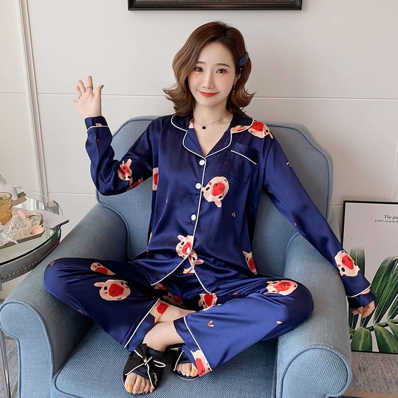 2 Piece Women Sleepwear Plus Size 3XL 4XL 5XL 85kg Nightwear Long Sleeve Silk Pajamas New Spring Autumn Print Cute Pyjamas 201027