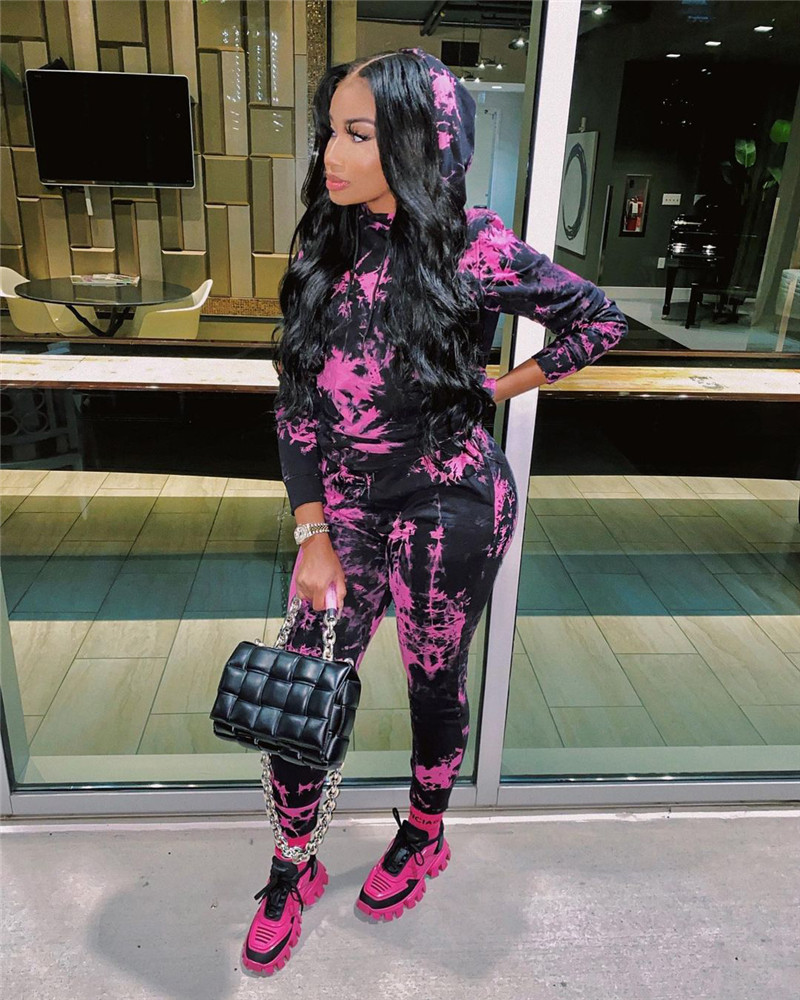 Women hooded outfits tie dye Tracksuit casual 2 piece set long sleeve hoodies+legging winter clothes jogger suit plus size sportswear 4305
