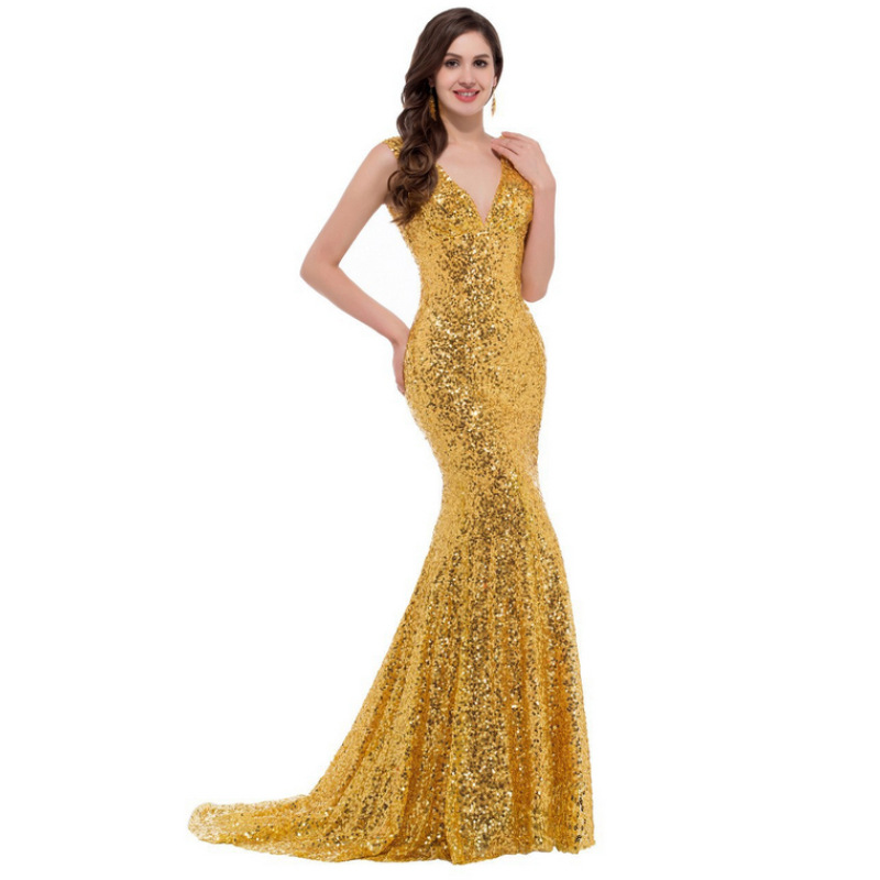 2022 Glitter Bright Gold Sequined Mermaid Evening Dresses For Women Sleeveless V Neck Long Formal Party Gowns Elegant Shiny Lady Prom Dress Special Oc