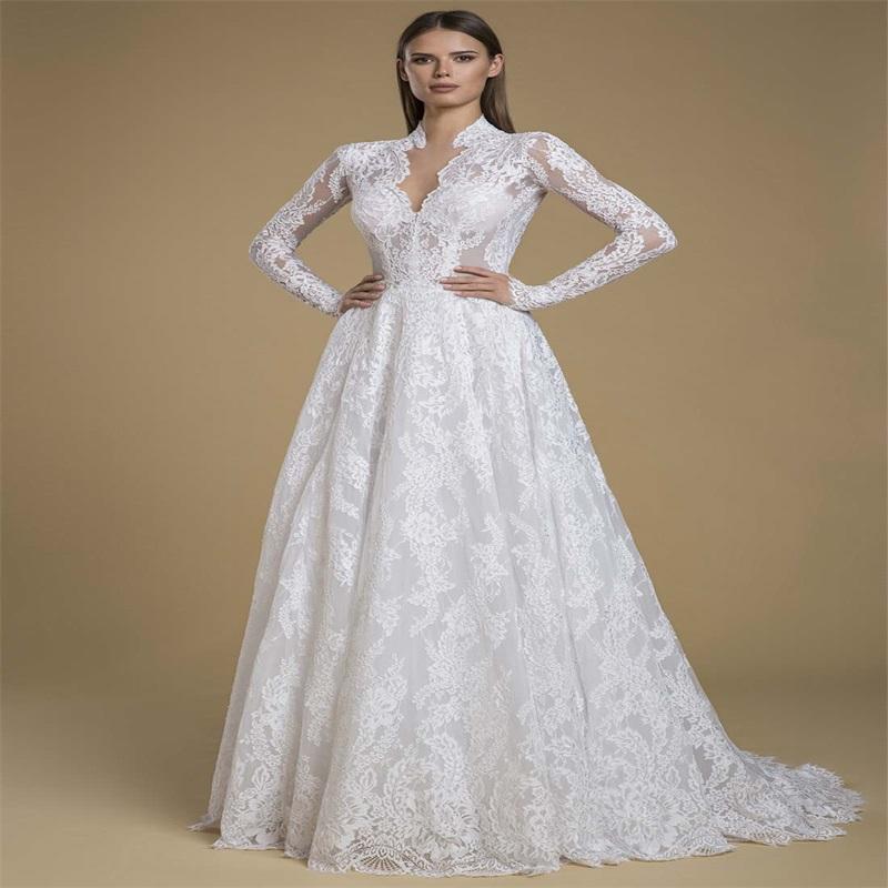 Fashion Elegant New Cheap Lace A Line Dresses Long Sleeves Appliqued Sweep Train Wedding Dress Bridal Gowns Robes De Marie ppliqued
