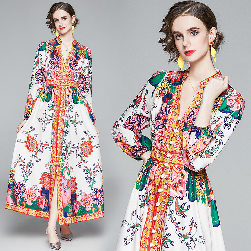 2021 New Women Es Autumn Runway V-neck Sleeve Single Breasted Slim Vintage Print Long Maxi Robe Longue Femme Obz7, White
2021 New Women Es Autumn Runway V-neck Sleeve Single Breasted Slim Vintage Print Long Maxi Robe Longue Femme Obz7, White