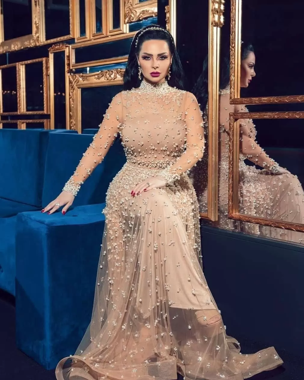 Dresses Pearls Prom Champagne Beaded Long Sleeves High Neck Tulle Ruched Pleats Custom Made Evening Party Gowns Plus Size Vestidos