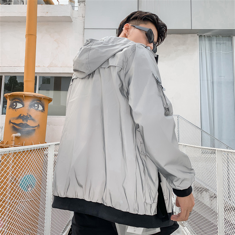 Men Night reflective gray Hooded Windbreaker Jacket male Streetwear Multi-pocket Ribbon Loose Casual Jackets Coats 201127