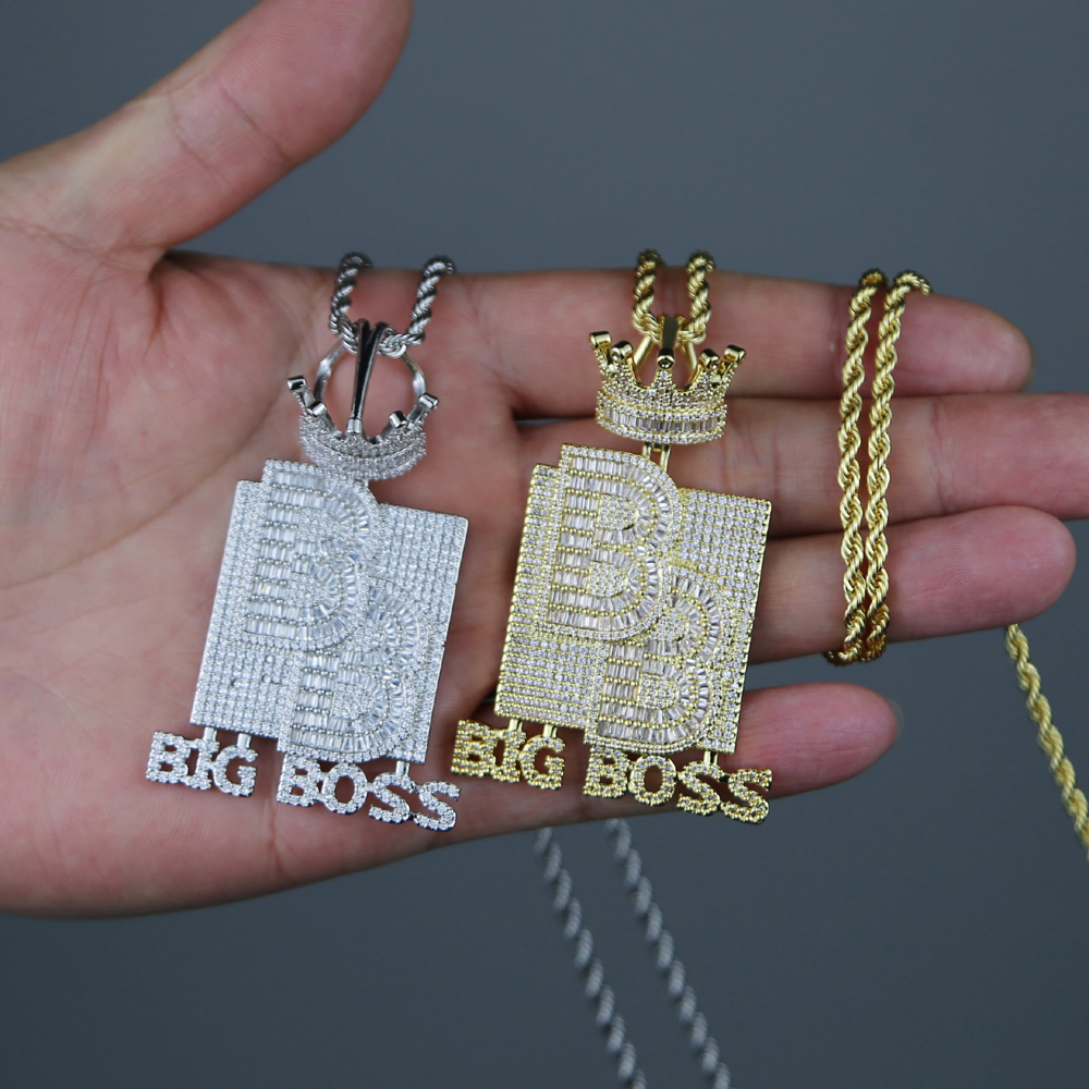 Big Boss Letters Crown Shaped Initial Necklace Pendant with Rope Chain Iced Out Bling 5A Cubic Zircon Hip Hop Men Boy Jewelry
