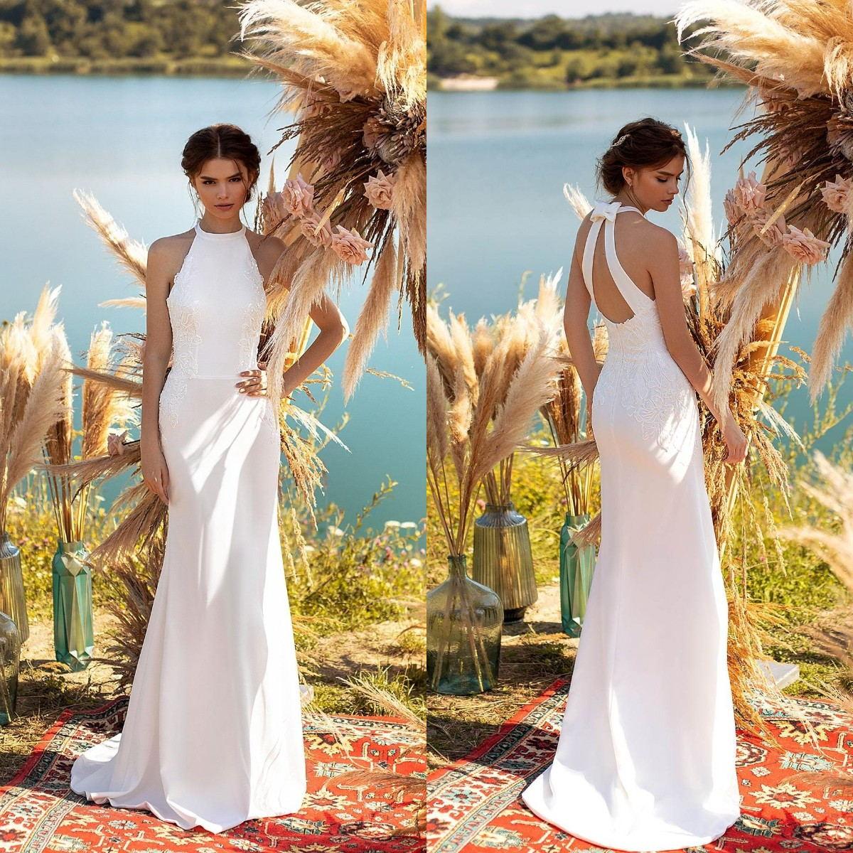 New Fashion Mermaid Wedding Dresses Halter Neck Appliques Satin Beach Bridal Gowns Open Back Sweep Train Wedding Dress Custom Robes, Nude
New Fashion Mermaid Wedding Dresses Halter Neck Appliques Satin Beach Bridal Gowns Open Back Sweep Train Wedding Dress Custom Robes, Nude