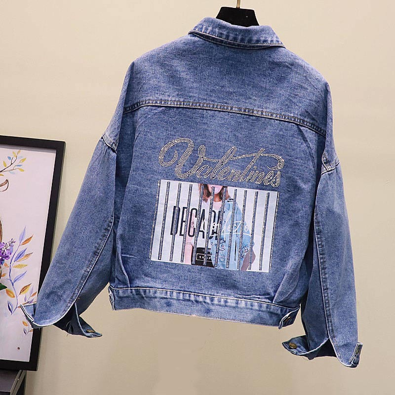 Streetwear Style Women's Denim Jacket Print Long Sleeve Jean Jacket Loose Bomber Coat Ladys Spring Autumn Hole Female Outwear 201017