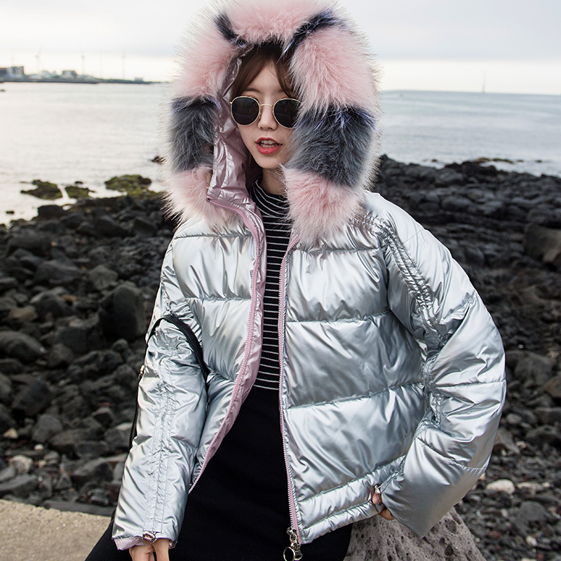 Ly Varey Lin Winter Glossy Parka Women Big Faux Fur Hooded Short Cotton Jacket Warm Thick Loose Gold Silver Bright Side Outwear 201217