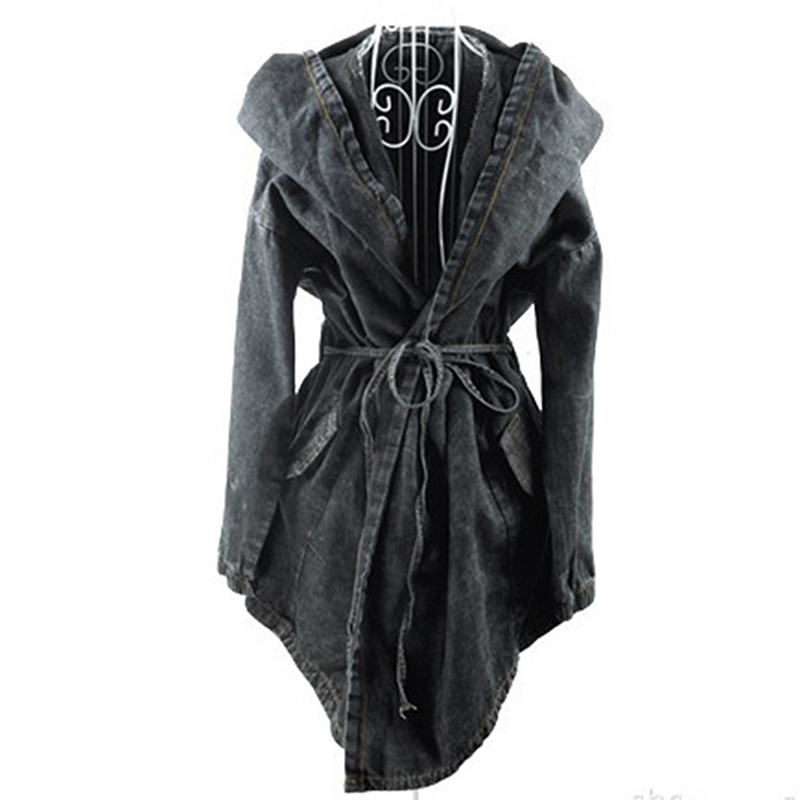 Autumn chaquetas mujer Women Jacket Cardigan Windbreaker Lace Up Bandage Hooded Cloak Denim Jacket Winter denim belt coats 201029