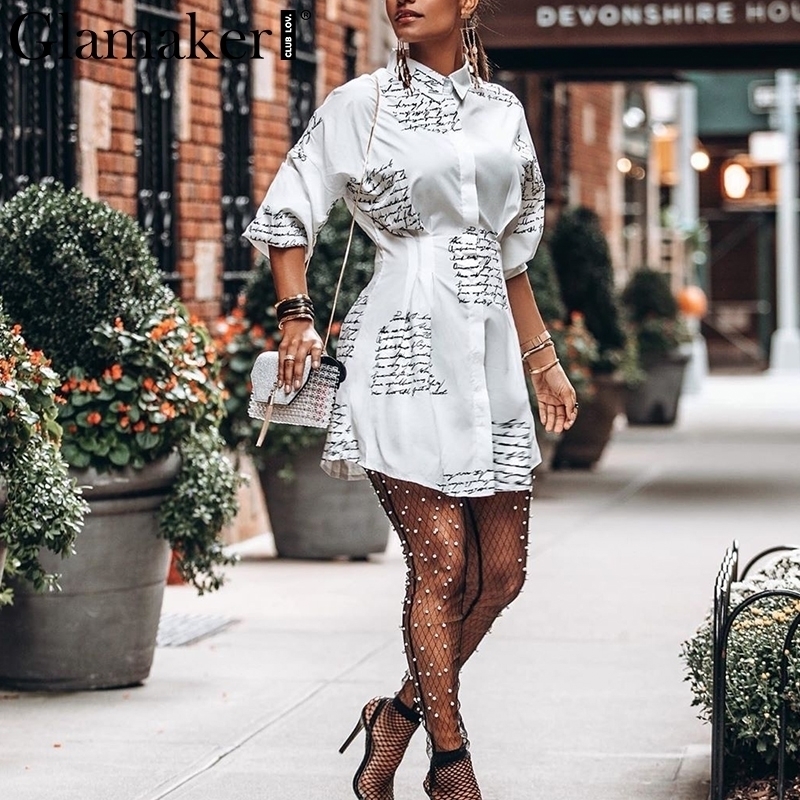 Glamaker Letter Print Sexy Mini Short Shirt Dress Women White Long Sleeve Party Club Summer Elegant Bodycon T200319 B4