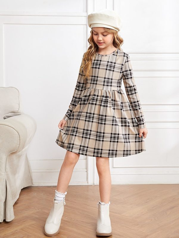 Girls Plaid Print Smock Dress SHE