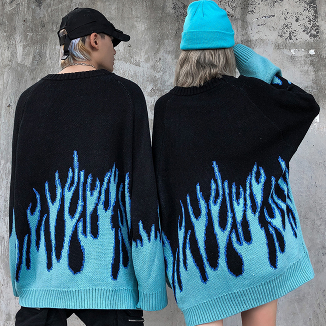 Sweater Pullover Men Streetwear Blue Fire Flame Knitted Sweater Hip Hop Harajuku Tops Casual Couple Sweater Black 201203
