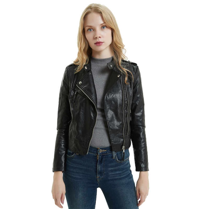 Yellow Petite Stand Collar Faux Leather Biker Jacket for Women Cute Ladies Epaulet Slant Zipper Cropped Moto PU Leather Jacket 201030