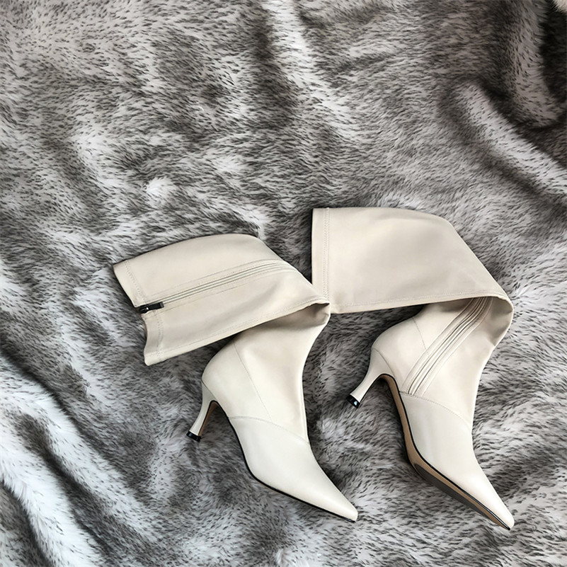ANNYMOLI Winter Knee High Boots Women Natural Genuine Leather Stiletto High Heel Boots Slim Stretch Zipper Shoes Female Size 39 201109