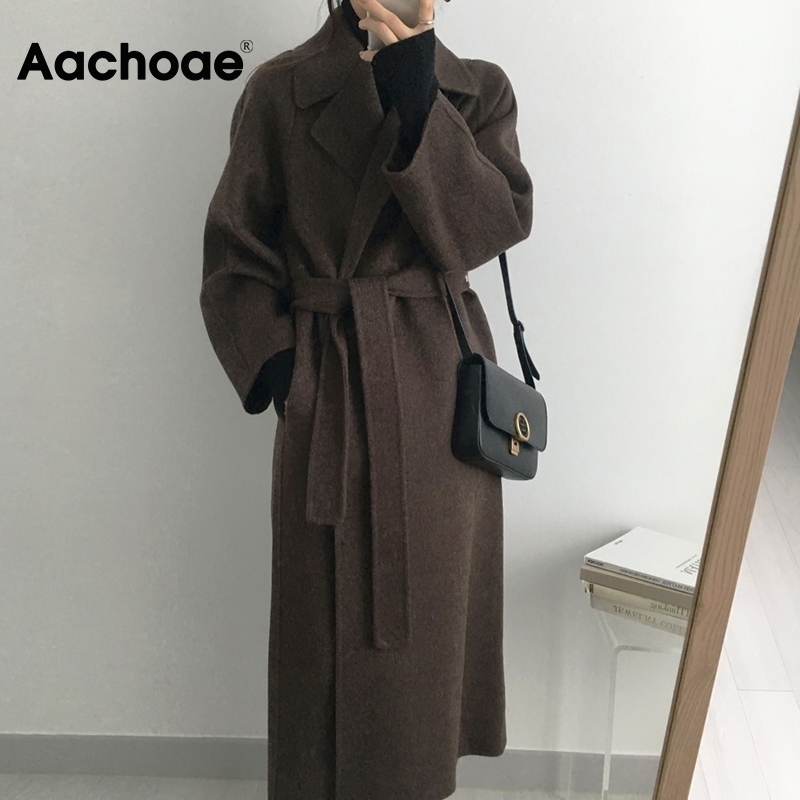 Aachoae Women Elegant Long Wool Coat With Belt Solid Color Long Sleeve Chic Outerwear Ladies Overcoat Autumn Winter 201112