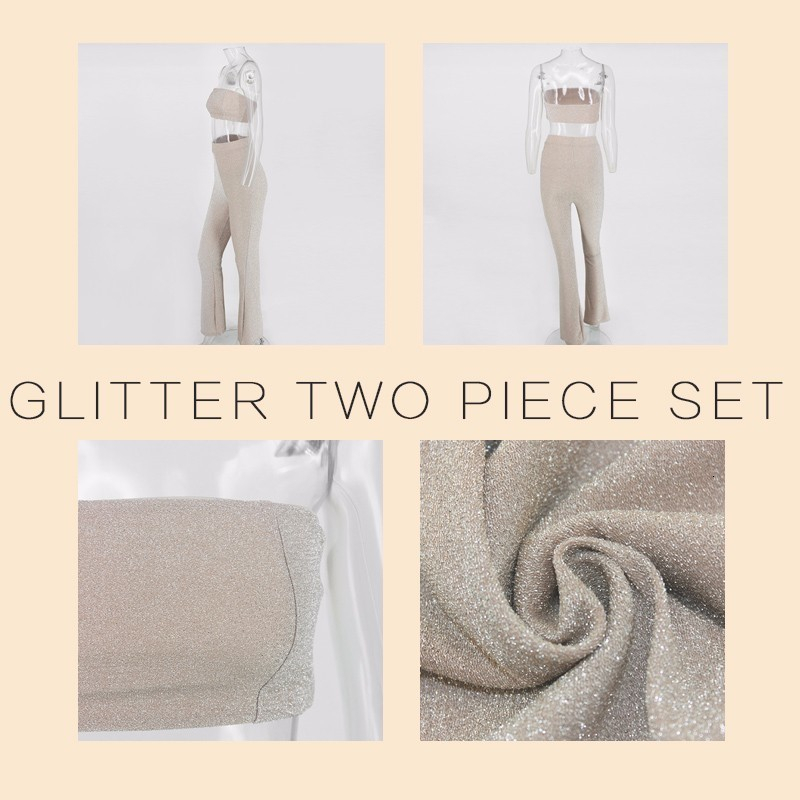 Women's Sexy Glitter Two Piece Set Crop Top & Pants - Sparkle Sequins Clubwear Outfit, Polyester, Beige, Sier, 2024 B2
