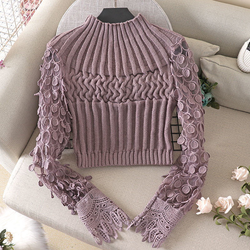 Three-dimensional Circle Bubble Sleeve Tight Skinny Short Sweater Sweater Stitching Round Neck Sweater Women 201203