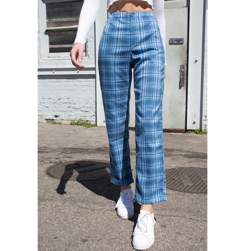 Women High Rise Elasticated Waist Checked Straight Pants 201111