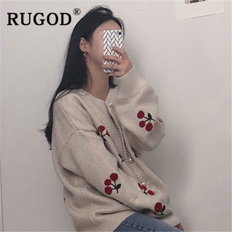 RUGOD Elegant pearl beading knitted cardigan women Fashion singlebreasted cherry printed loose cardigan Korean oversized coat T200113