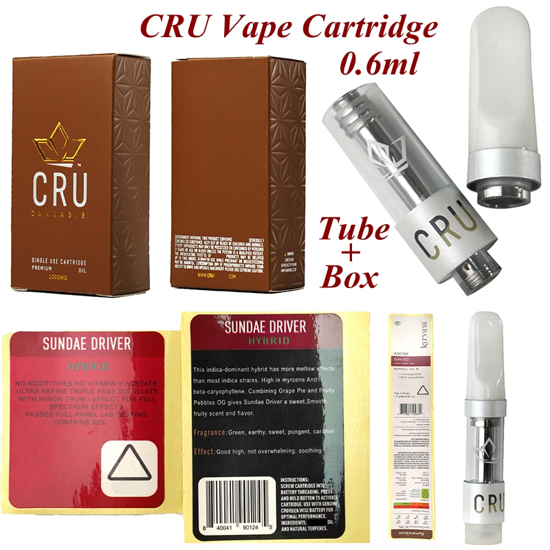 Newest CRU Vape Cartridges 0.6ml PC Tube Box Packaging Srew Oil Carts Glass Tank Cartridge E Cigarettes Dab Vapes Pen 510 Thread Empty
Newest CRU Vape Cartridges 0.6ml PC Tube Box Packaging Srew Oil Carts Glass Tank Cartridge E Cigarettes Dab Vapes Pen 510 Thread Empty