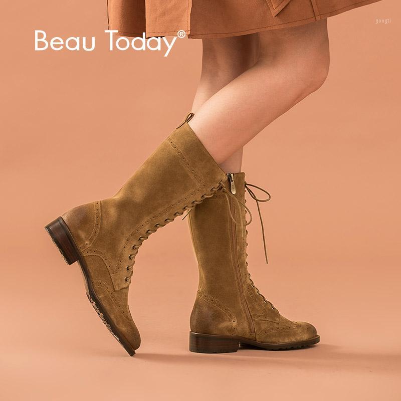 BeauToday Mid-Calf Boots Women Brogues Cow Suede Wingtip Round Toe Lace-Up Genuine Leather Lady Winter Boots handmade 020231, Black