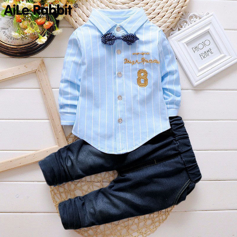 Boys Clothes Suit Number 8 Long Sleeve Shirt Jeans 2-piece Set Striped Top Pants Children's Clothing Set For Baby 2-5 Years 201031